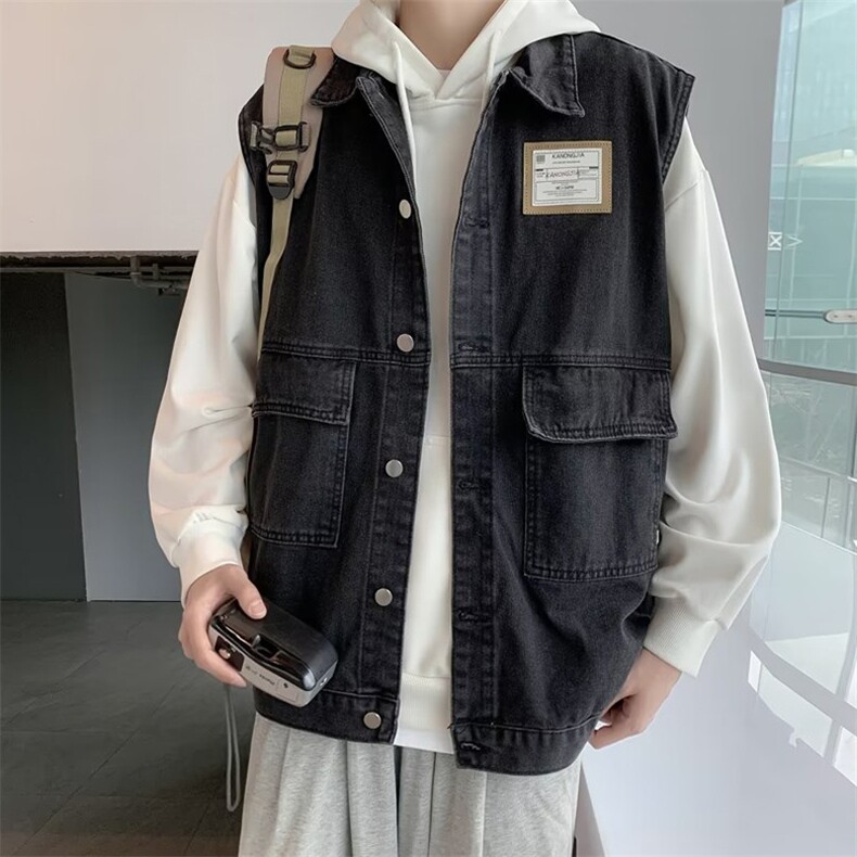 潮流牛仔新款ins马甲日常慵懒男翻领文艺春夏款背心J111P50图片