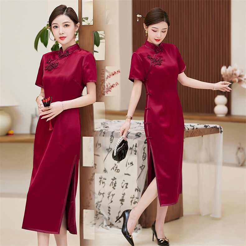 喜婆婆婚宴装2025新款醋酸大码妈妈礼服高贵改良红色旗袍连衣裙夏，女装汉服/婚纱/旗袍/礼服，小荷流