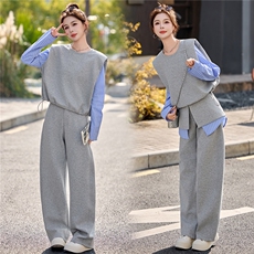 2026春新款休闲竖条衬衣拼接卫衣屁帘阔腿裤套装，女装套装/套裙，瑶迪依秀