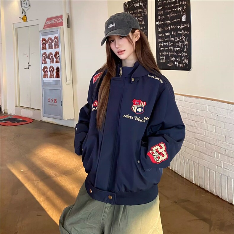 美式复古刺绣勳章夹克男女款春秋季小众短宽帽子可拆卸外套ins潮,男装夹克,星座302B