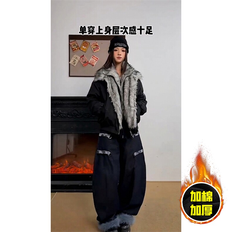 现货高品质美式高街重磅狼王座山雕毛毛领假两件棉衣加厚棉服外套,男装棉衣,电商A443