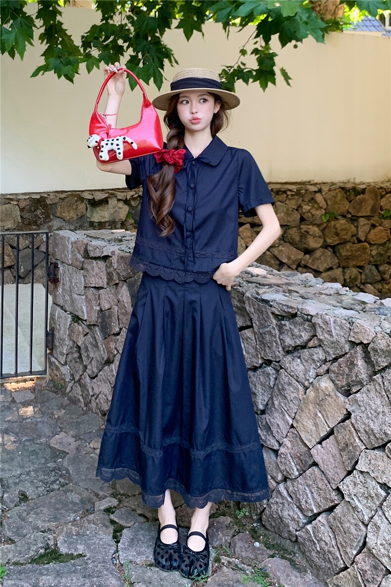 蕾丝拼接娃娃领系带上衣松紧腰半裙学院风套装女,女装套装/套裙,水衣源