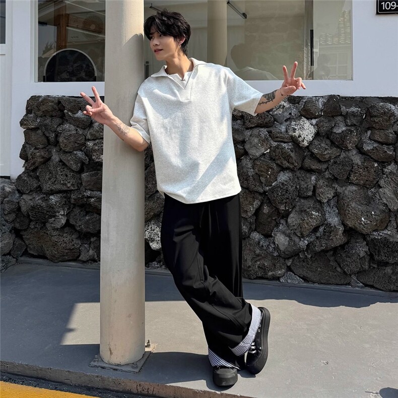 韩系拼接V领假两件轻奢风系带百搭条纹衬衫领短袖T恤TX332,男装T恤,星座208-5
