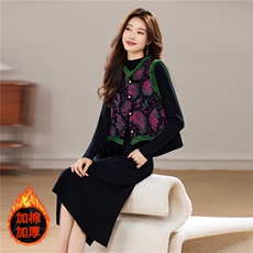 冬季新款加棉新中式圆领拼接丝绒设计款马甲气质优雅两件套裙女，女装套装/套裙，宝儿家