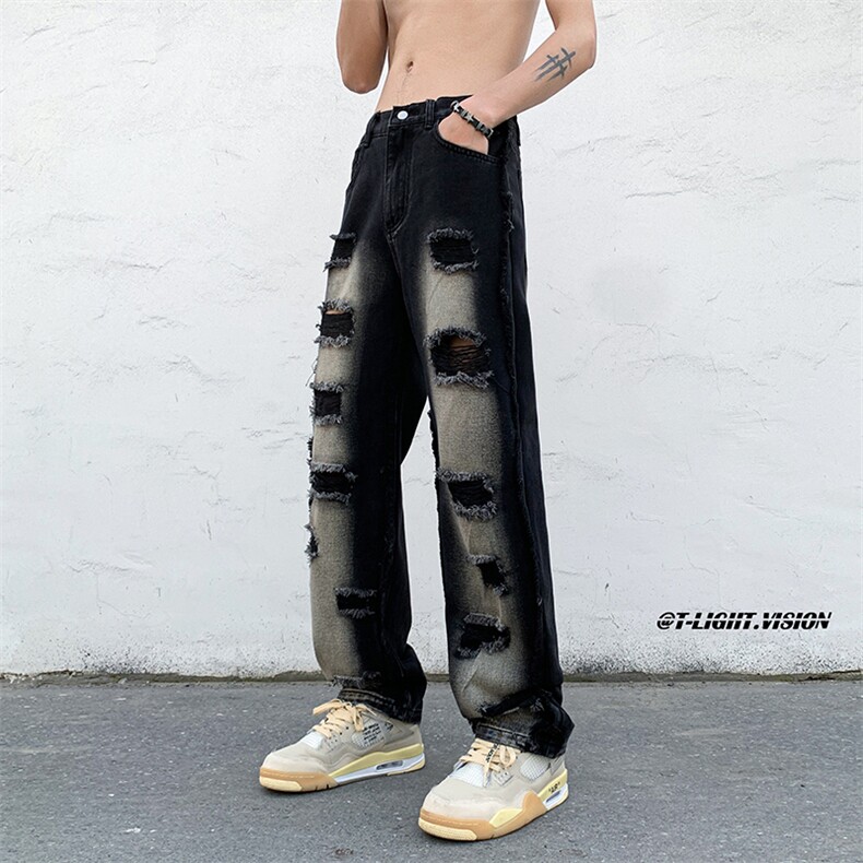 B221美式ins高街暗黑小众毛边破洞直筒牛仔裤LK23107-P65控88,男装牛仔裤,电商B221