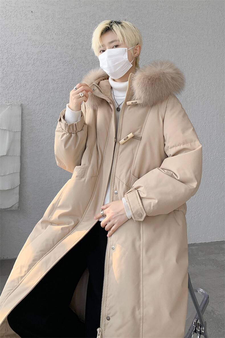 8XL-M90白鸭绒大毛领羽绒服男中长款过膝设计感牛角扣YRFC05P398,男装羽绒服,电商D206-1