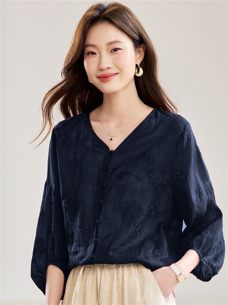 2026春秋季苎麻时尚简约大方气质优雅刺绣休闲透气衬衫,女装衬衫,独衣靓