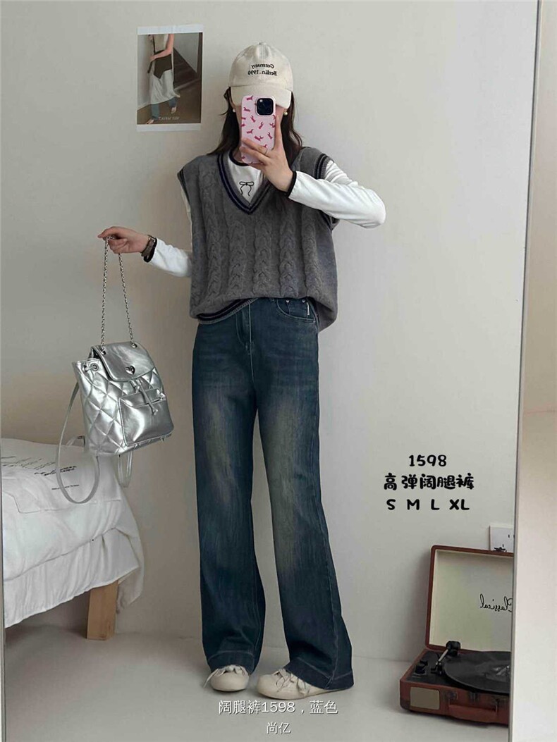 四面弹阔腿裤中腰直筒裤时尚潮流,女装休闲裤,洛丽兰可