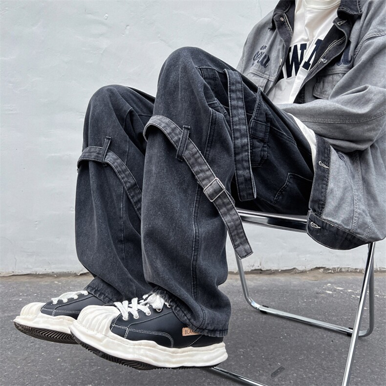 美式绑带牛仔裤男感欧美高街裤vibe裤子宽松直筒长裤N0237-P50,男装牛仔裤,星座308B-1