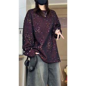 彩色星星提花破洞圆领卫衣男女设计感美式长袖t恤W4682-特价P50图片