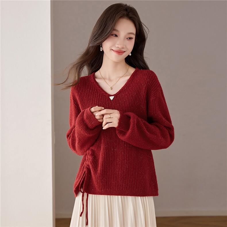 高级针织设计感V领蕾丝打底衫2025年秋季新款宽松抽绳针织衫新款，女装羊毛衫，艾米