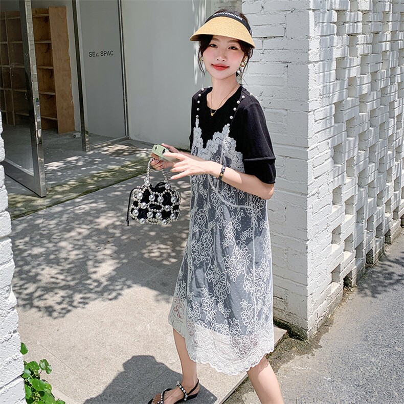 蕾丝拼接假两件连衣裙女2025夏季新款设计感小众时尚宽松吊带裙潮,女装连衣裙,2C176