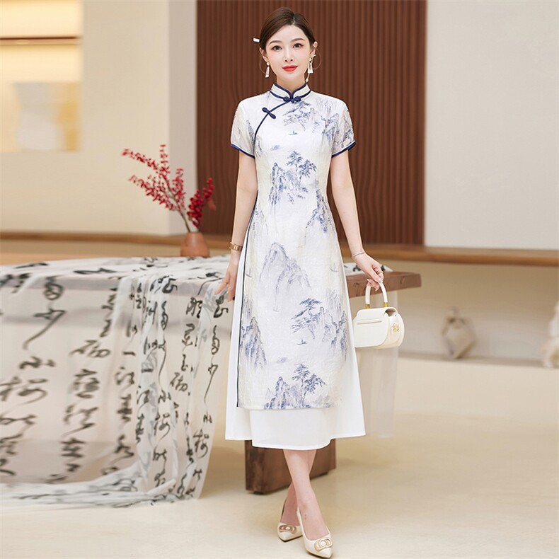 中长款旗袍短袖丝绸优雅2025年春季高开衩,女装汉服/婚纱/旗袍/礼服,小荷流