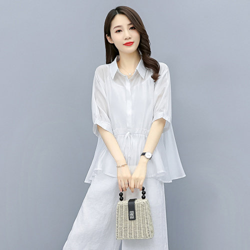 时尚衬衣套装女夏2025新款夏装韩版宽松显瘦气质棉麻两件套阔腿裤图片