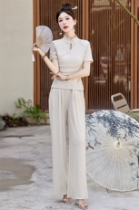 米白色极简气质套装女2025夏新款设计感无袖衬衫高腰阔腿裤两件套，女装套装/套裙，涵墨