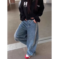 KU34-P52美式复古水洗解构弯刀牛仔裤女高街条纹拼接宽松显瘦，男装牛仔裤，电商B323A
