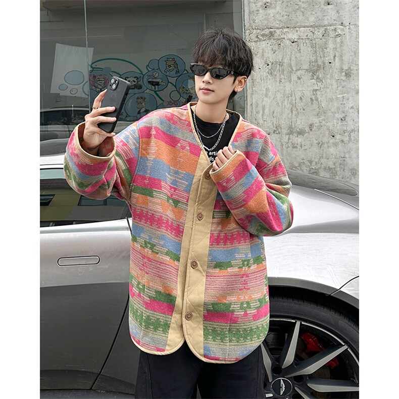 春秋复古宽松民族风撞色夹克男休闲V领纽扣彩虹外套潮JK6621-P65,男装夹克,星座302B