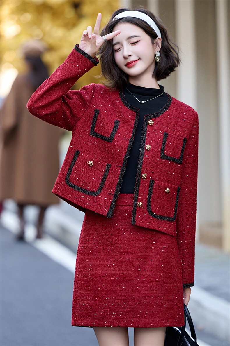 高级感红色小香风套装裙女2024秋冬新款名媛气质小个子短裙两件套,女装套装/套裙,奕薇雅