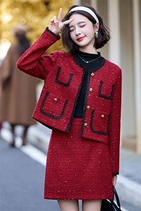 高级感红色小香风套装裙女2024秋冬新款名媛气质小个子短裙两件套图片