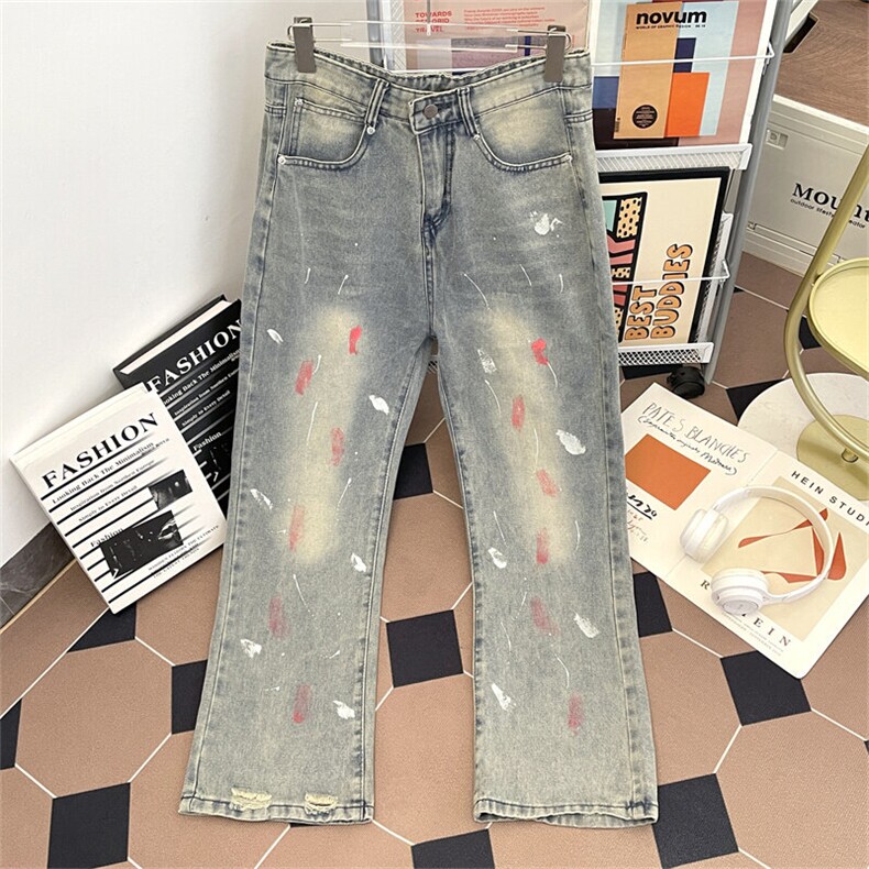 春秋季美式泼墨牛仔裤潮牌设计感宽松休闲直筒裤，男装牛仔裤，星座410-7
