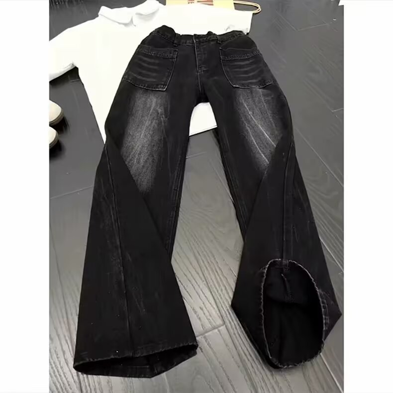 复古水洗竹节纹直筒牛仔裤男女宽松美式微喇叭阔腿裤WL91000-P45图片