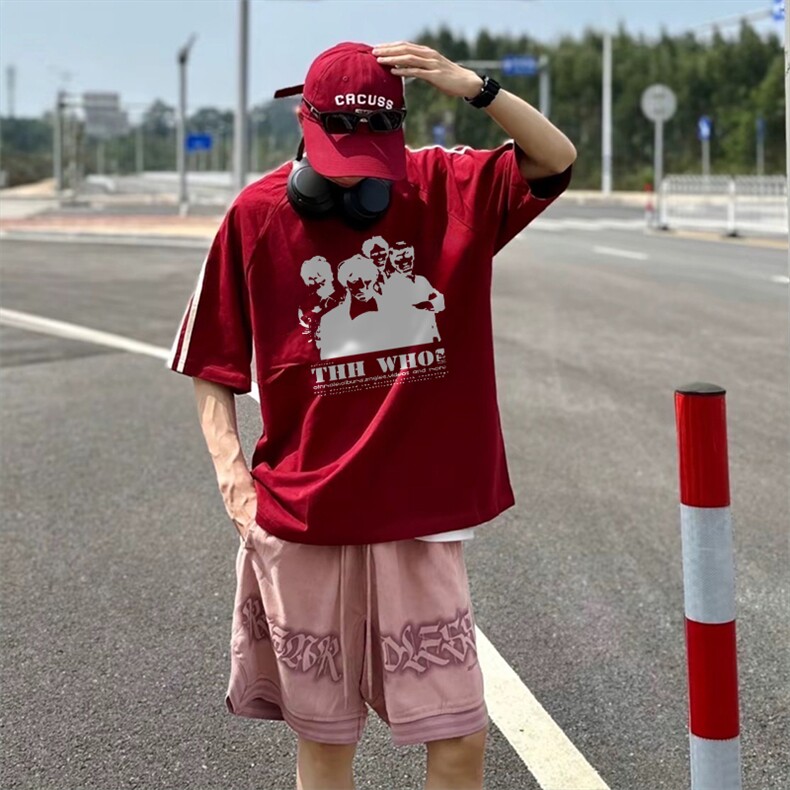 抖音得物高品质二开240克宽松纯棉美式潮牌三条杠织带短袖T恤,男装T恤,电商A486-1