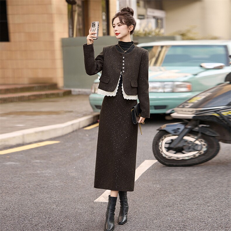 一整套蕾丝拼接小香风毛呢套装裙女冬装高级感名媛气质夹绒两件套,女装套装/套裙,魅影