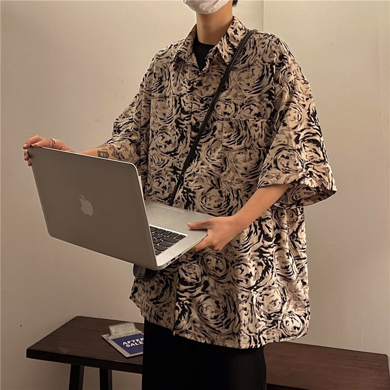 日系五分袖春夏季新款衬衫潮流慵懒男方领宽松型衬衫AC61P27,男装衬衫,星座1116-2