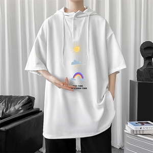 LD54141-P45 连帽短袖t恤男大码胖子带帽五分袖中袖图片