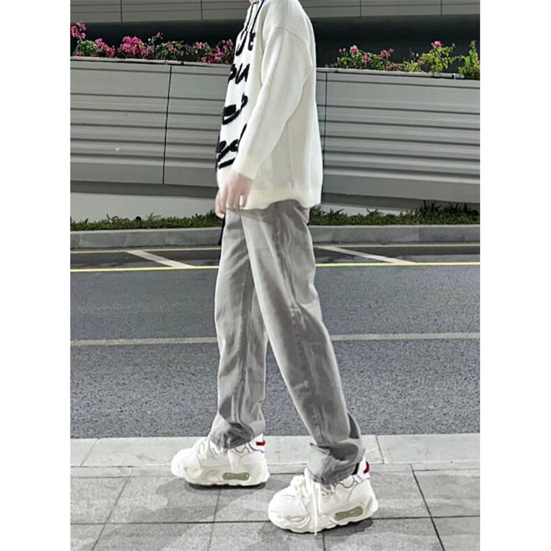 烟灰色牛仔裤男款秋冬美式vibe风裤子高街修身直筒微喇裤K906-P53,男装牛仔裤,星座1007（原301D）
