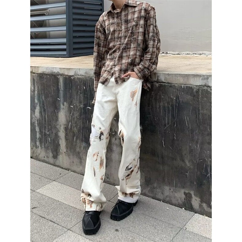 网络图现货新款美式火焰蕾丝宽松牛仔裤男女夏季拖地裤RB07-60图片