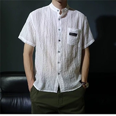 棉麻短袖衬衫男士夏季风休闲衬衣纯色薄款小立领男装上衣，男装T恤，星座1210-1