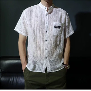 棉麻短袖衬衫男士夏季风休闲衬衣纯色薄款小立领男装上衣图片