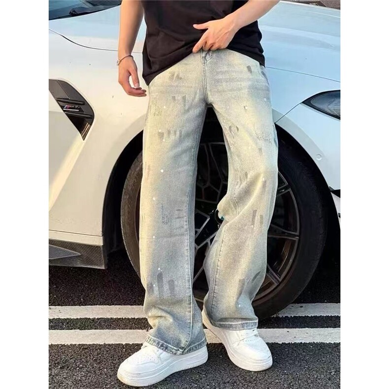 扎染泼墨牛仔裤男款美式vibe风格裤子高街潮牌痞帅直筒弯刀微喇裤,男装牛仔裤,星座506A