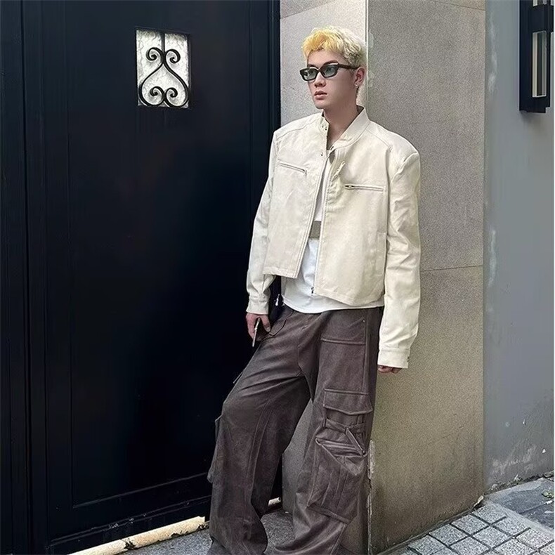 复古做旧机车PU皮衣外套男秋冬小众设计感美拉德色系短款垫肩夹克图片