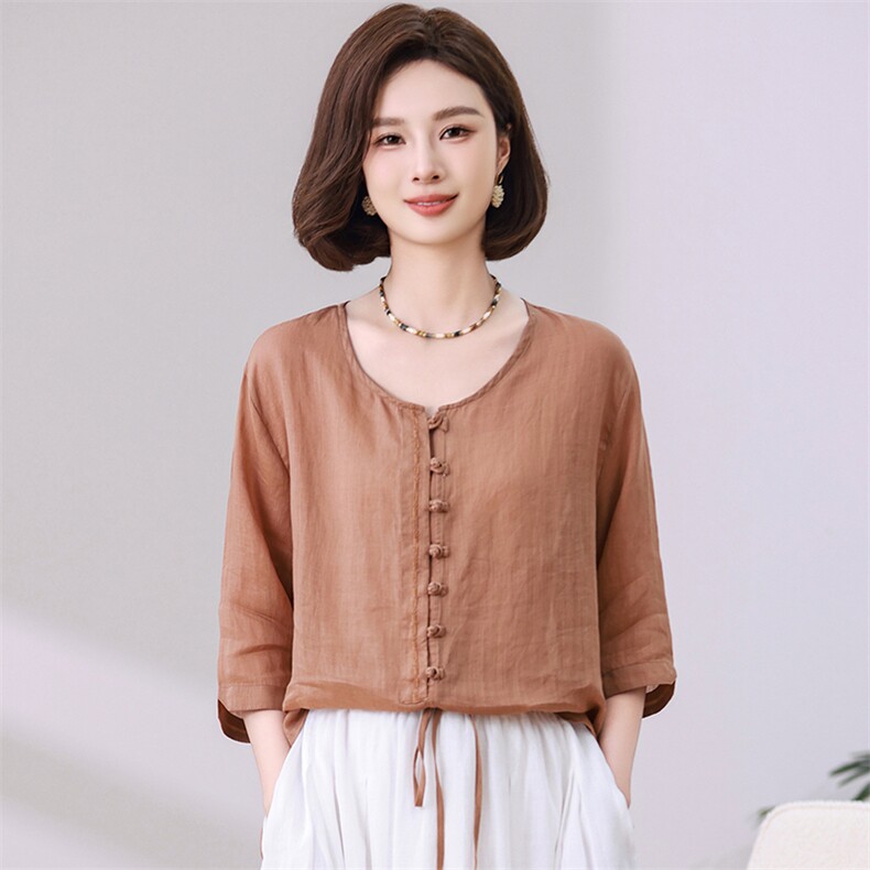 苎麻衬衫女夏季2025新款宽松遮肚子显瘦中年妈妈复古盘扣薄款上衣,女装衬衫,独衣靓