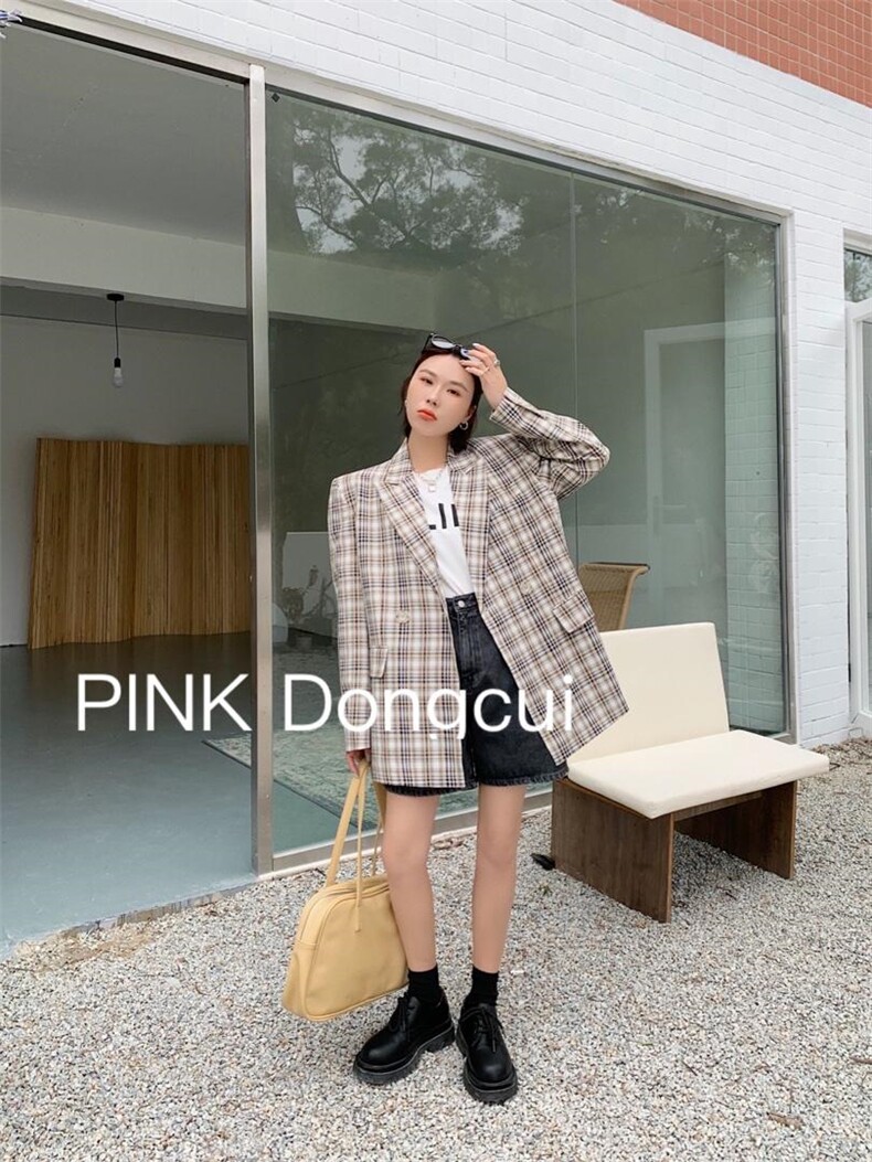 现货。薄料格子西服娃娃领亮色衬衣收腰版型超好七分袖西服，女装，PINK