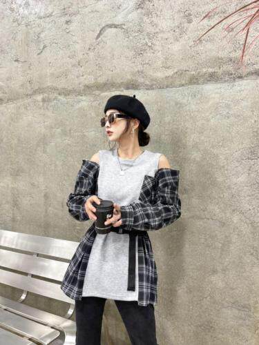 拼接格子卫衣，女装卫衣/绒衫，梦幻美人鱼