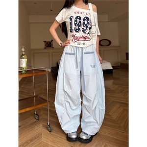 美式街头条纹弯刀裤女2025超火夏装新款垂感宽松百搭阔腿休闲裤子图片