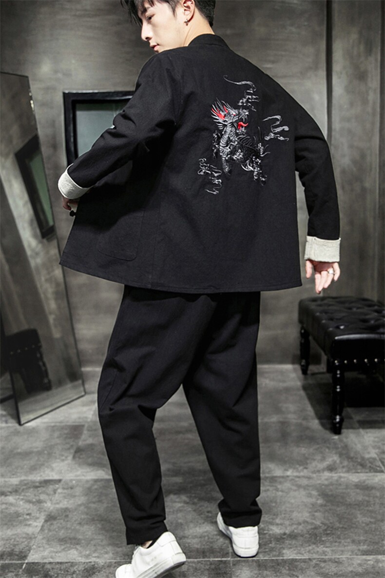 A79P105室内风2024秋季麒麟风刺绣长袖长裤套装百搭纯棉,男装休闲套装,电商A026