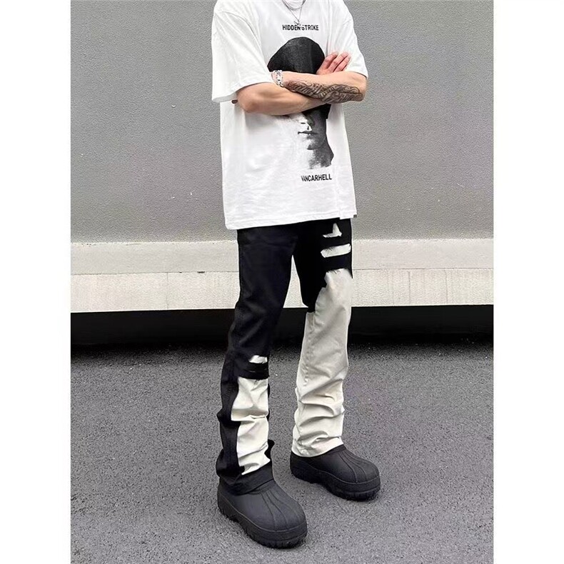 美式高街风裤子黑白拼接破洞牛仔裤男款修身百搭显瘦微喇长裤,男装牛仔裤,四季星座505