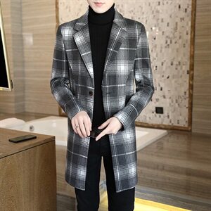2020冬季男士修身毛呢大衣中长款加厚格子外套N09图片