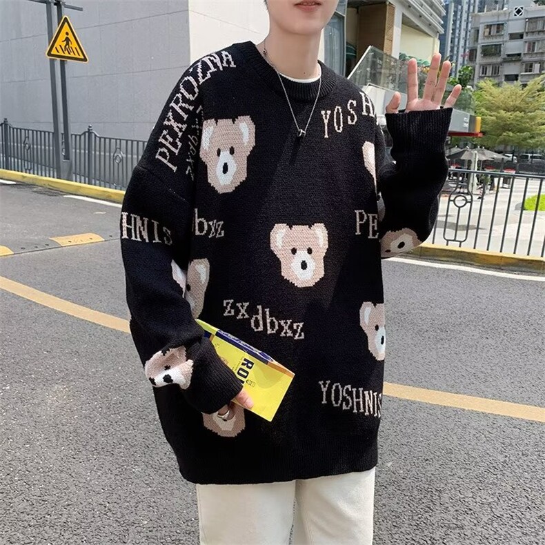 美式街头设计感圆领毛衣男慵懒风休闲针织衫M52P42图片
