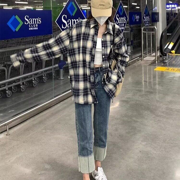 复古格子衬衫外套女2026春夏新款韩版设计感宽松休闲衬衣百搭,男装衬衫,星座218-1（原230）