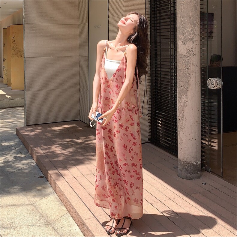 V领中长裙法式印花提花连衣裙设计感性感夏季长裙,女装连衣裙,2C105