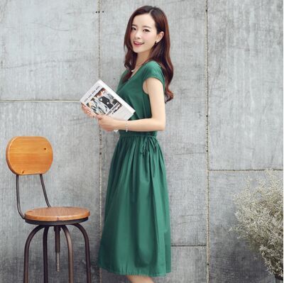 优雅韩版纯色连衣裙气质松紧腰套头中长款2021年夏季,女装连衣裙,奕阳依阁