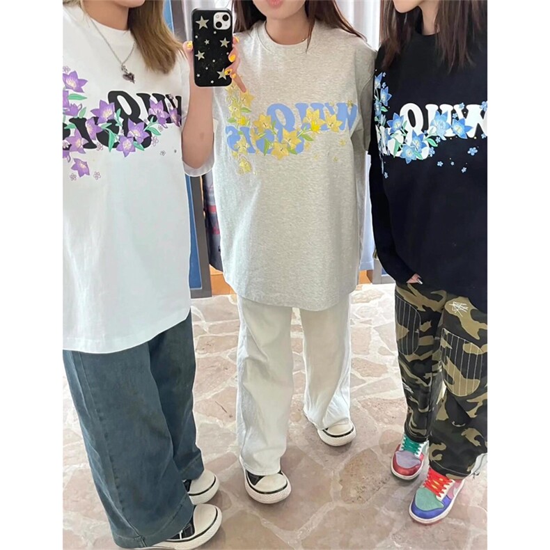 网图有货美式8字logo花卉刺绣短袖T恤男女情侣宽松上衣A558-P35,男装T恤,星座1505