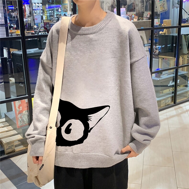 1港风新款宽松休闲中性情侣潮流印花毛衣男外套7690P48加绒P55图片