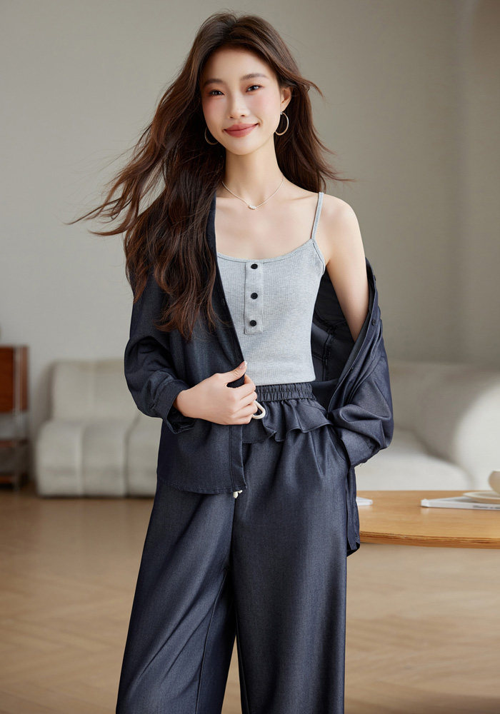 高级感牛仔衬衫阔腿裤套装三件套女2025春季漂亮超火独特叠穿腰封,女装套装/套裙,江南富贵女