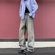 美式高街提花牛仔裤男女款潮牌水洗直筒宽松痞帅微喇裤AK06-P45，男装牛仔裤，星座308B-2